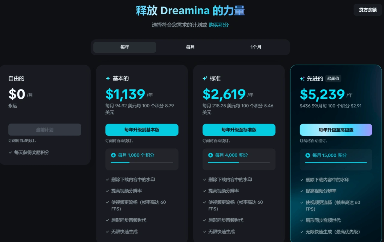 积分与价格 即梦AI(图2)